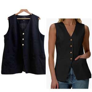Mina Self Black Sleeveless V Neck Longline Pocket Button Up Vest Lined Size XXL